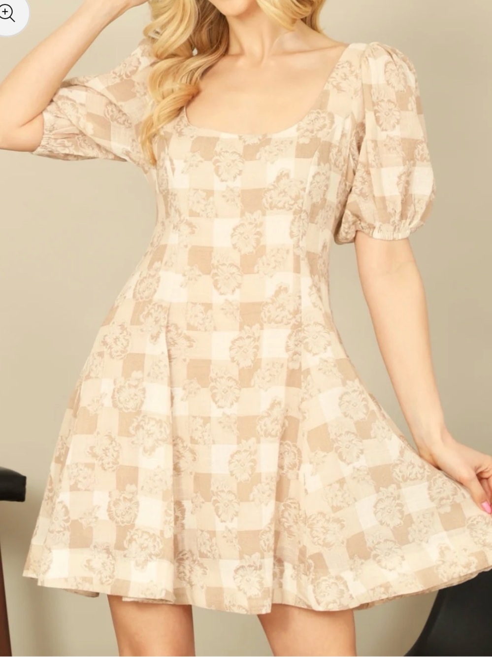 Olivaceous Beige Floral Linen &Cotton Checker Square-Neck Puff Sleeve Mini Dress